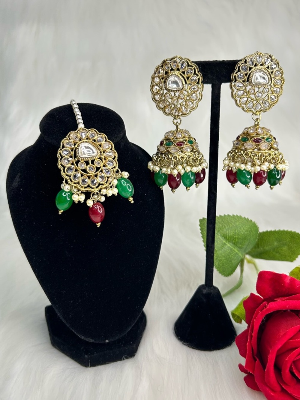 Beautiful Gold With Burgundy and GreenPearls Jhumka And Tikka Set